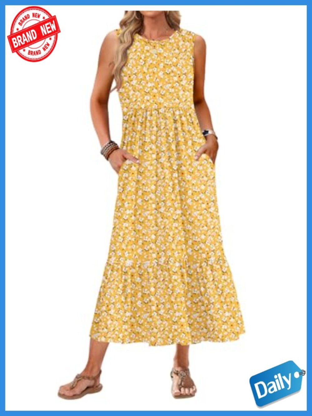 Sleeveless Tiered Maxi Dress with Pockets Casual Flowy